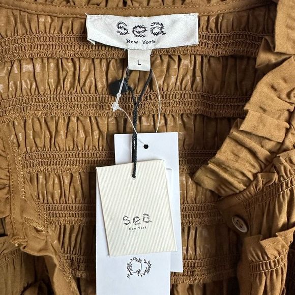 SEA Sevyn Seersucker Dress Size Large Long Sleeve Tobacco Brown Ruffle - Picture 8 of 16